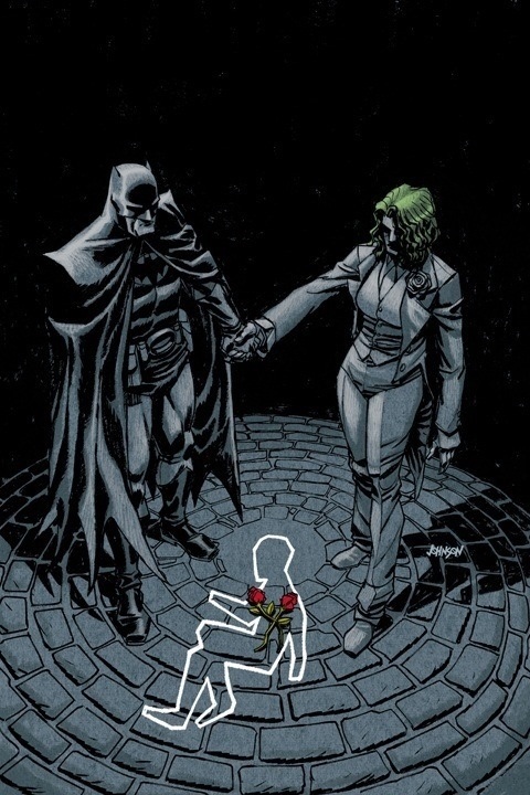 This is an alternate universe where Bruce Wayne died instead of his parents. Causing His father Thomas Wayne to become Batman and his mother Martha to go insane and become the Joker. - Imgur
